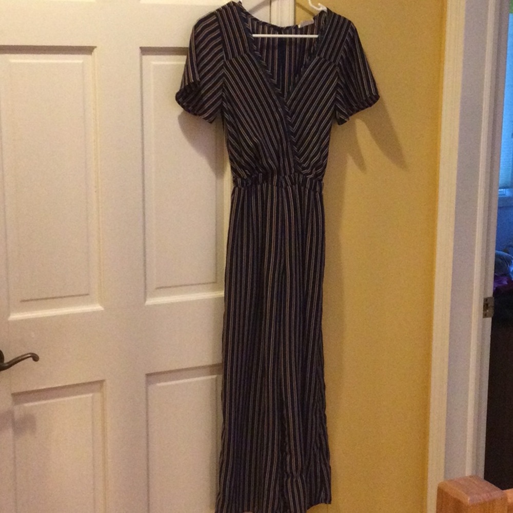 Sienna Sky red, white, and navy blue striped romper jumpsuit, XS.